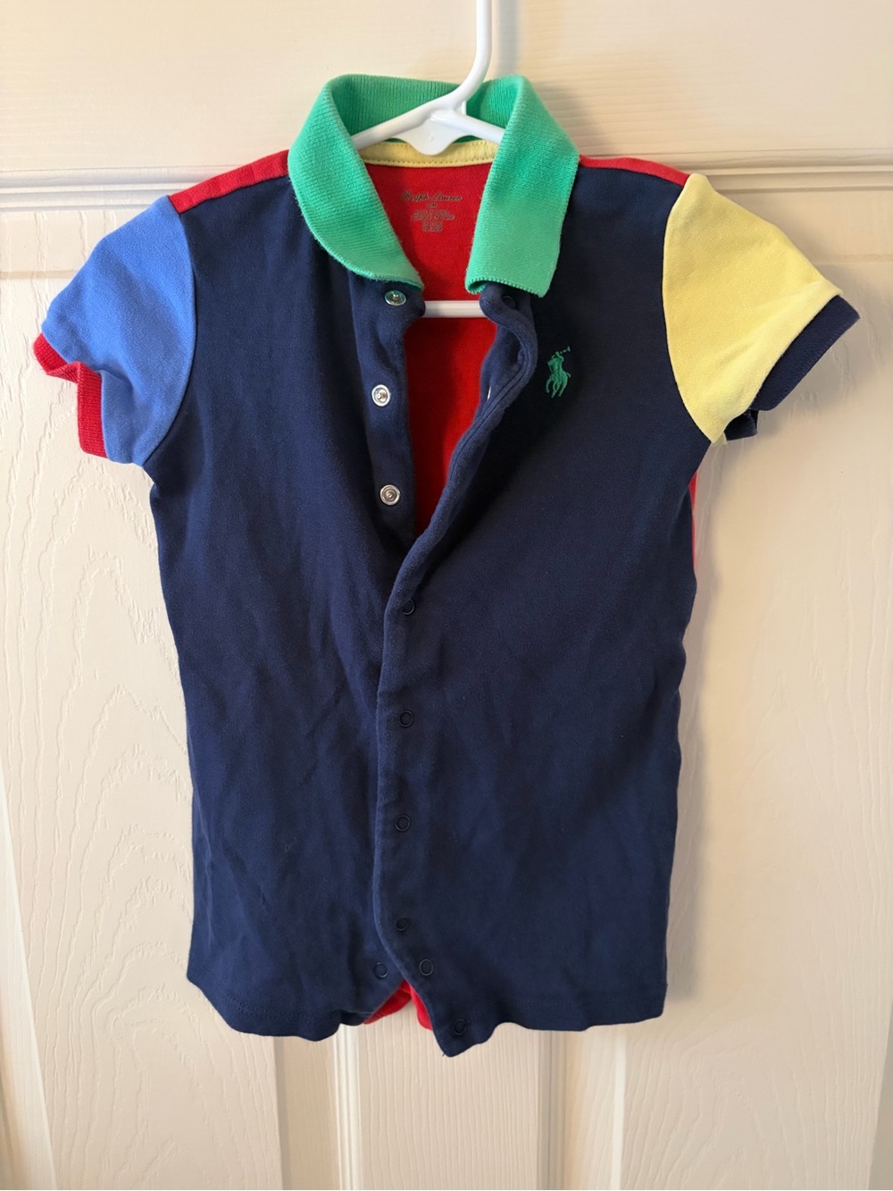 Ralph Lauren Navy Colorblock Polo Romper with Green Collar